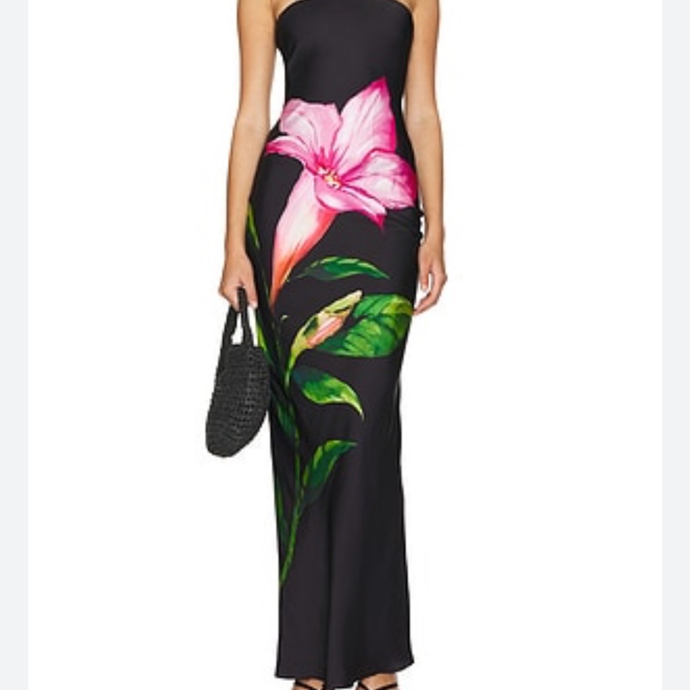 Rococo Sand Black Maxi Dress with Pink Floral Design xs 0